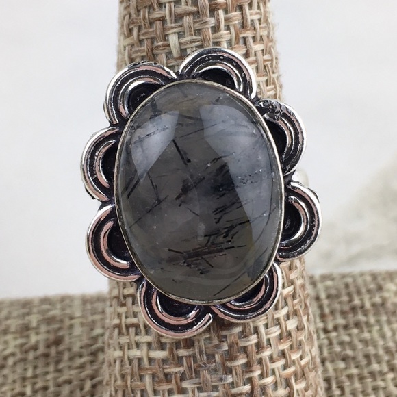 New Black Rutile Rutilated Quartz Crystal Stone Silver Overlay Ring 7.25 - 7.5 - Picture 7 of 7